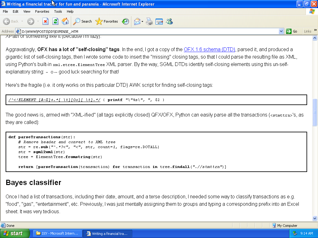 Screenshot of this site in Internet Explorer 6, showing syntax highlighting working on an old browser
