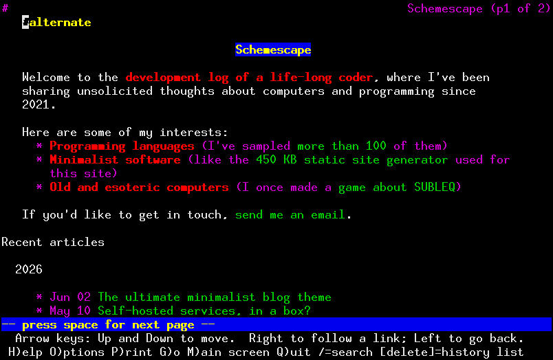 Screenshot of the new version of this blog in Lynx, showing content up top, along with a concise article list