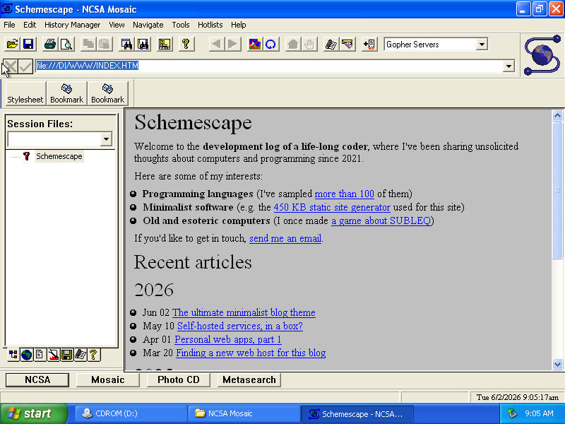 Screenshot of this site in NCSA Mosaic 3, showing that the site works in very old browsers