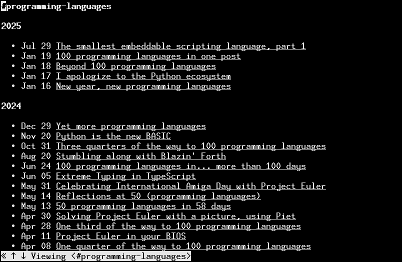 Screenshot of this site in w3m, showing a concise list of articles, grouped by year, with dates aligned for easy scanning